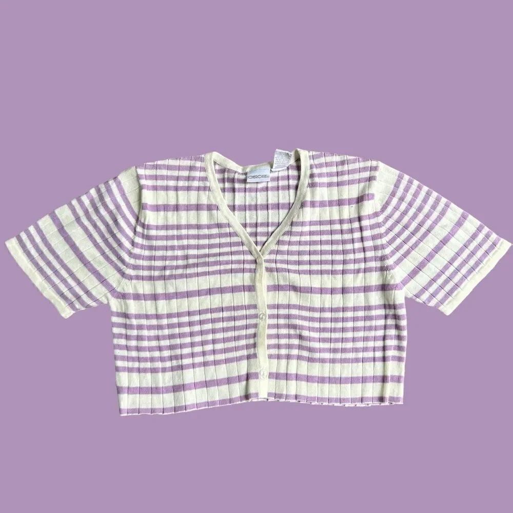 Vintage Cropped Lavender and White Stripe Cardigan